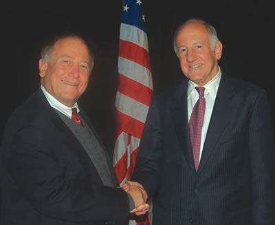 Sheldon Sloan (L) was sworn in as the 82nd president of the State Bar last month by Chief Justice Ronald George.